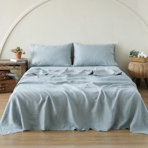Juego de sabanas de lino Simple&Opulence 100% con bordado lavado - 3 piezas (1 sabana plana y 1 sabana ajustable y 1 funda de almohada) Flax natural suave ropa de cama transpirable estilo casa de campo - Azul Polvoriento, Tamano Twin