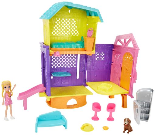 Clubhouse Super Secreto de Polly Pocket de 2 Niveles con Dormitorio, Cocina, Tobogan, Muneca Polly de 3 pulgadas, Figura de Perro Peaches, Sofa, Silla, Accesorios de Pastel; Para Edades de 4 y mas - Imagen 3
