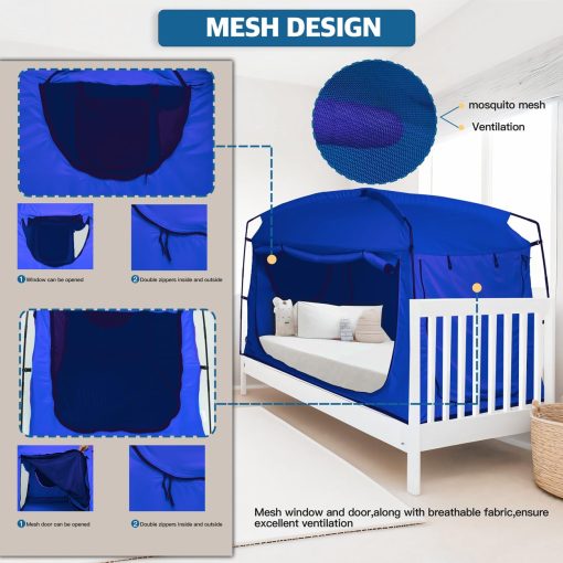Tienda de Cama Portatil para Privacidad en Tamaño Queen, 90% de Bloqueo de Luz para Dormir, Tienda de Espacio Interior con Gran Espacio de Malla Transpirable (Azul, Queen) - Imagen 6