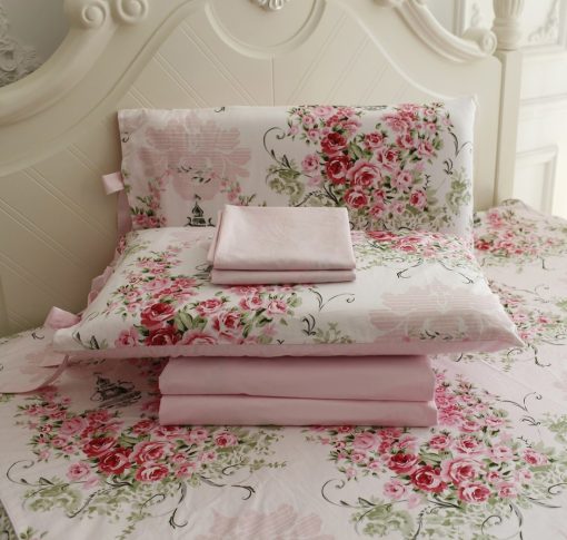 Juego de sabanas floreadas Shabby FADFAY tamano Queen de 4 piezas 100% algodon de primera calidad con patron de rosas rosas: 1 sabana bajera profunda, 1 sabana plana, 2 fundas de almohada (tamano estandar)