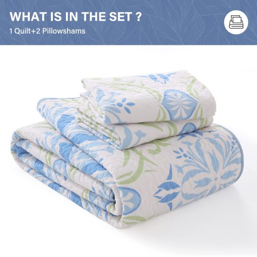 Colcha Queen Size SahSahCasa, 100% Algodon Colcha Floral Queen, Juego de Colcha Queen Edredones, Colchas Reversibles Ligeras para Cama Queen, para Todas las Estaciones, Azul/Verde, 3 Piezas - Imagen 6