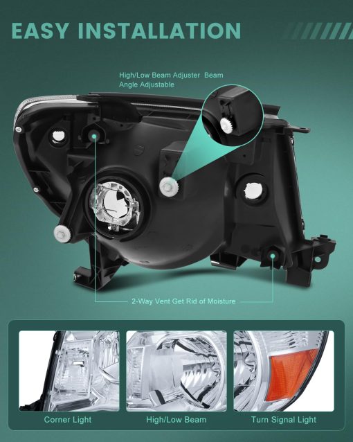Juego de Faros Delanteros SCITOO para Toyota Tacoma 2005-2011 en Carcasa Cromada con Reflector ambar y Lente Transparente - Imagen 3