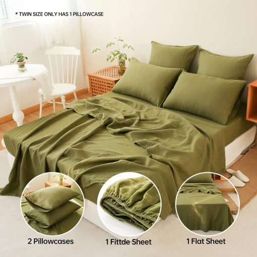 Juego de sabanas Simple&Opulence 100% Lino 4 piezas Estilo Basico, Bolsillo Profundo, Lino Frances Lavado Natural, Sabanas Transpirables Suaves - Verde Oliva, Queen - Imagen 5