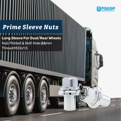 Tuercas de rueda Prime Sleeve PSGSP M22x1.5 Cromadas para camiones pesados, camiones semirremolque, remolque se ajustan a ruedas duales o traseras de aluminio Alcoa con asiento piloteado y agujero de perno: 26mm - Paquete de 10 - Imagen 2