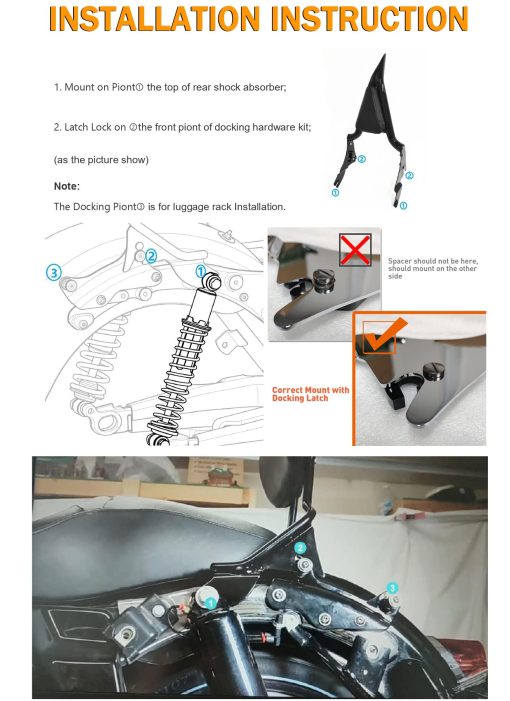 26" Sissy Bar Negro de Altura, Respaldo de Pasajero Desmontable Compatible con Harley Davidson Touring Models 2009-2023 Street Glide Road Glide Electra Glide Road King - Imagen 7