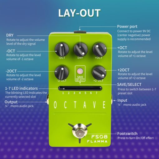 Pedal de octava para guitarra electrica FLAMMA FS08 con efectos de octava polifonica y control de senal seca 7 ajustes preestablecidos - Imagen 5