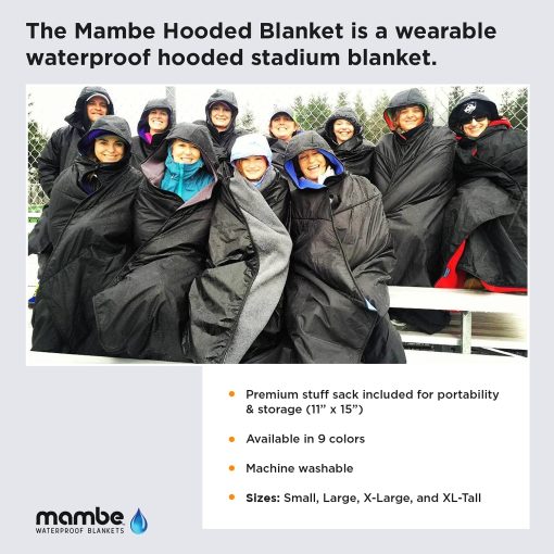 Manta con capucha Mambe Small Extreme Weather Negra - 100% impermeable y a prueba de viento con bolsa de transporte premium - Perfecta para estadios y actividades deportivas - Fleece lavable a maquina - Imagen 2