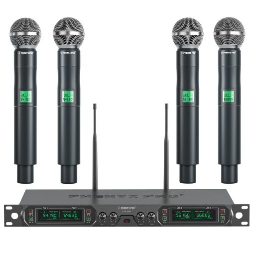 Sistema de microfono inalambrico Phenyx Pro, Microfono inalambrico UHF de 4 canales, Microfono inalambrico de frecuencia fija de metal con 4 microfonos dinamicos de mano, Rango de 260 pies, Microfono para cantar, Iglesia (PTU-5000-4H)