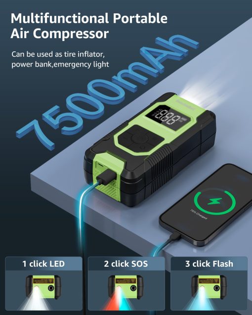 Inflador de neumaticos Geschwind - Compresor de aire portatil, 150 PSI, Bomba de aire electrica para neumaticos de coche inalambrica, 4 veces mas rapido con manometro digital para coche, motocicleta, bicicleta, balon - Imagen 7