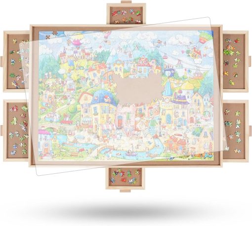 Tablero de rompecabezas giratorio ALL4JIG de 2000 piezas con 6 cajones y cubierta, mesa portatil de rompecabezas de madera de 29.6"x41.3" para adultos, tablero giratorio Lazy Susan como regalo de cumpleanos para mama