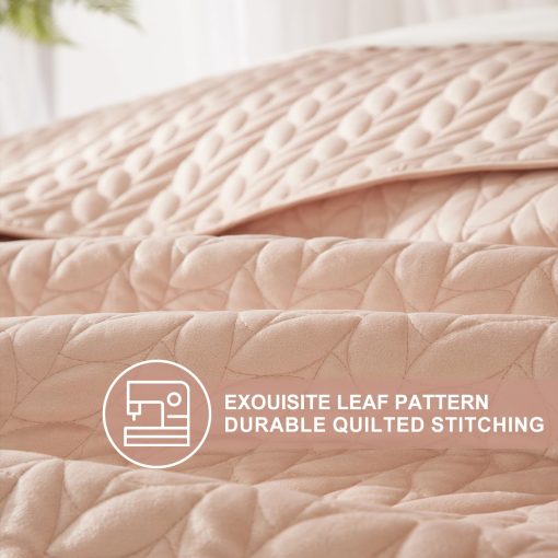 Edredon de Terciopelo Ivellow King Size, Rosa Colcha Ligera Completa Suave Reversible para Todas las Estaciones, Juego de Cama de Lujo de 3 Piezas de Terciopelo con Microfibra Cepillada con Cubierta Acolchada Bordada de Hojas - Imagen 3