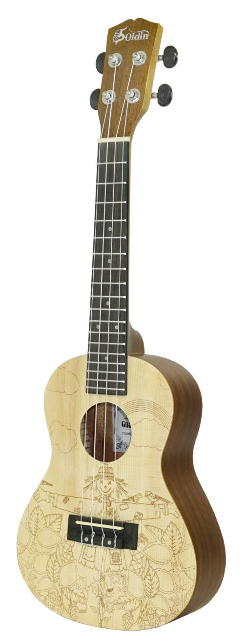 Ukelele de la serie Soldin Artista con Tapa de Abeto Macizo y Dorso y Lados de Caoba Kit para Principiantes con Funda Tuner Cuerdas Correa Puas Paño de Limpieza (Espantapajaros, 24") - Imagen 2