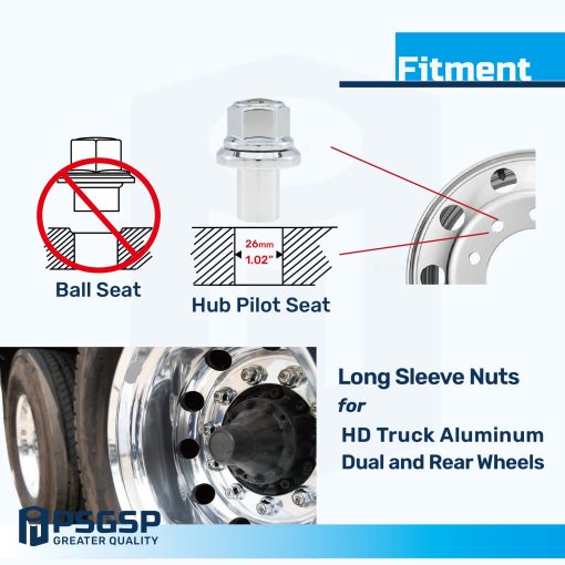 Tuercas de rueda Prime Sleeve PSGSP M22x1.5 Cromadas para camiones pesados, camiones semirremolque, remolque se ajustan a ruedas duales o traseras de aluminio Alcoa con asiento piloteado y agujero de perno: 26mm - Paquete de 10 - Imagen 5