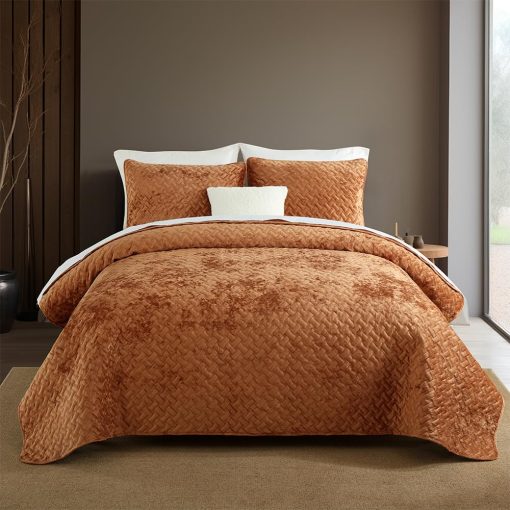 Juego de edredones de terciopelo Liians, juego de ropa de cama de lujo elegante, colchas de terciopelo ultra suave, mantas, patron de tejido de costura, colcha acolchada de algodon para todas las estaciones, color caramelo, tamano Queen