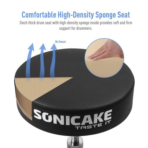 SONICAKE Banqueta de Bateria, Asiento de Bateria Resistente Actualizado, Taburete Ajustable en Altura con Piso Acolchado de Doble Reforzado, Silla Giratoria para Ninos y Adultos, Negro - Imagen 5