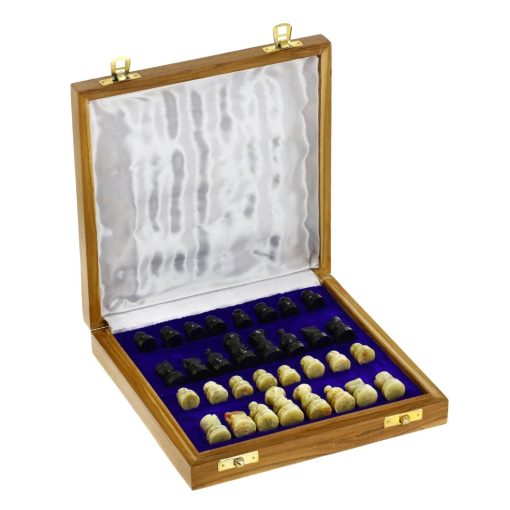 Tablero de ajedrez de madera tallada a mano con incrustaciones de piedra de 14" x 14" con juego de piezas de piedra artesanales - Imagen 6