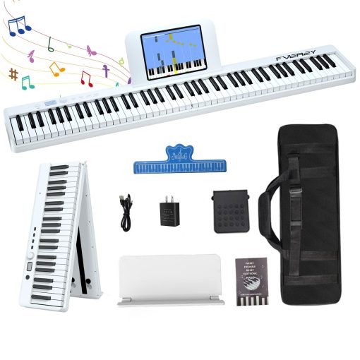 Teclado de Piano Plegable de 88 Teclas FVEREY, Teclado Semipesado de Tamaño Completo, Piano Portatil de Viaje, Soporte MIDI Bluetooth Piano Electrico para Principiantes Adultos, Blanco