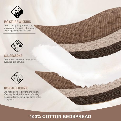 Colcha de cama extra grande FineStichery 120"x102" - Juego de cubrecamas de algodon al estilo granja para cama queen con fundas de almohada, Cubierta de cama acolchada ligera, 3 piezas, Cafe/Beige - Imagen 4
