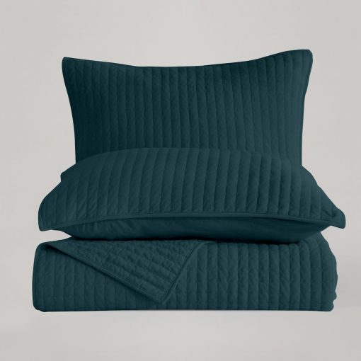 Juego de Cobertor de Jersey de Tela de Algodon 100% con Costura en Canales Reversible para Cama Queen, Incluye 2 Fundas de Almohada Acolchadas, Resistente a las Arrugas, Desvanecimiento y Manchas (Azul Lago) - Imagen 7