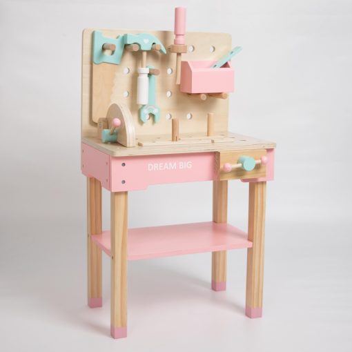 Banco de trabajo de madera Hopscotch Squad con juego de herramientas y accesorios para construir pretendiendo ser un pequeno constructor, juego de construccion Montessori, con martillo, sierra, llave inglesa, destornillador, tornillo de banco de juguete, version rosa