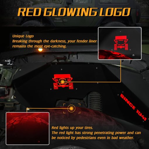 JROAD Inner Fender Front Fender Liners Compatible with Jeep Wrangler JK JKU Aluminum,con 4 luces LED para 2007-2018 Accesorios Wrangler JK JKU Sport Sahara Rubicon 2/4 Puertas - Imagen 3