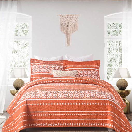 Colcha King Size Qiqiong, Juego de Colcha Boho Naranja 100% Algodon Colcha Bohemia a Rayas King Bedspread Juego de Ropa de Cama Ligera Edredon Reversible Cubrecama para Verano, Naranja Blanco 3 Piezas