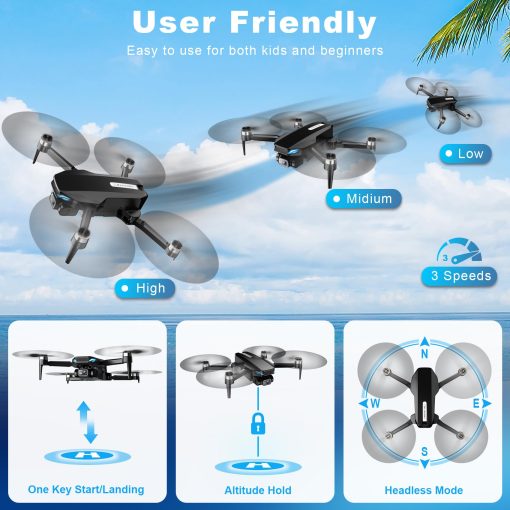 Drone con Camara, Drone 2K FPV con Motor Brushless, Altitude Hold, Gestos Selfie, Despegue/Aterrizaje de un Solo Boton, Acrobacias 3D, Vuelo por Puntos, 2 Baterias, Drones Plegables para Niños y Principiantes - Imagen 5