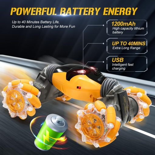 AGNEVE Coches RC Control Remoto por Gestos con Luz Musica 1:12 Coche Rc Controlado a Mano 2.4GHz 4WD Coche de Acrobacias Rc por Gestos Doble Cara Rotacion de 360? Vehiculo Todo Terreno para Ninos Ninas (Amarillo, Profesional) - Imagen 8