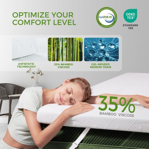 Topper de colchon BedsPick King, 3 pulgadas de espuma viscoelastica con gel de enfriamiento, con suave cubierta de bambu, topper para cama que alivia la presion, diseno antideslizante, Certificado CertiPUR-US - Imagen 5