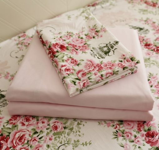Juego de sabanas floreadas Shabby FADFAY tamano Queen de 4 piezas 100% algodon de primera calidad con patron de rosas rosas: 1 sabana bajera profunda, 1 sabana plana, 2 fundas de almohada (tamano estandar) - Imagen 2
