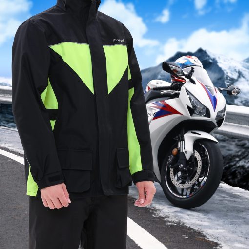 Conjunto de lluvia para motocicleta iCreek para hombres y mujeres impermeable anti-tormenta chamarra de alta visibilidad para ciclismo, golf, pesca, negro con verde, S - Imagen 6