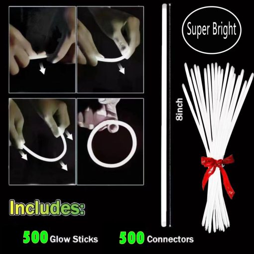 YOFOBU 500 PCS Pulseras y Collares de Palitos Luminosos Blancos 8" con Conectores para Fiestas Glow in The Dark Suministros para Fiestas Neon Fiesta Luminosa para Halloween Navidad Dia de San Valentin Boda - Imagen 2