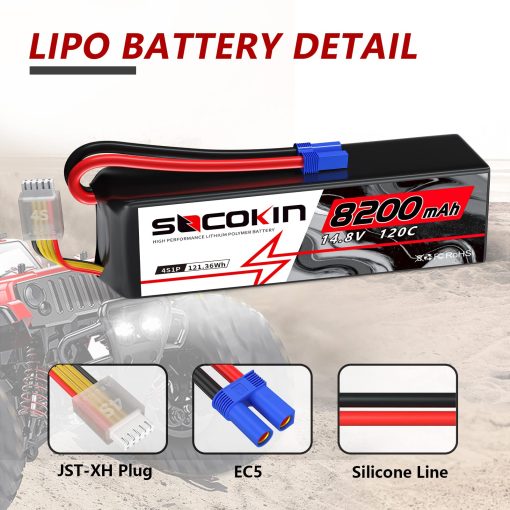 Bateria de Lipo 4S Socokin 14.8V 8200mAh 120C con Conector EC5 Estuche Suave para Coche RC X-Maxx Barco RC Camion de Carreras Helicoptero Aeroplano Paquete de 2 - Imagen 2