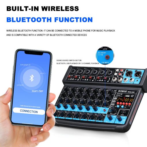 Mezclador de audio mini de 8 canales BOMGE con reproductor de MP3, Bluetooth, U disk, 48V, 24 efectos DSP, grabacion USB - Ideal para pequenos clubes o bares, grabacion de estudio (8 canales - NEGRO) - Imagen 3