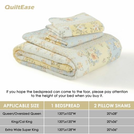 Colcha QuiltEase Oversized King - 120" Lx128 W Extra Ancho - 100% Algodon Ligero Floral Cuadros Juego de Colchas - Granja Reversible Super Colcha King - 3 Piezas - Amarillo/Blanco Crema - Imagen 5