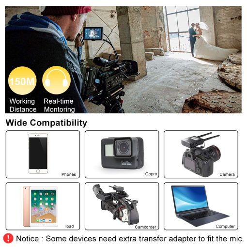 Microfono de solapa inalambrico LENSGO, microfono de solapa omnidireccional profesional UHF 338C Dual Transmitter con alcance de 150m para camara DSLR, smartphone y grabacion de video - Imagen 2