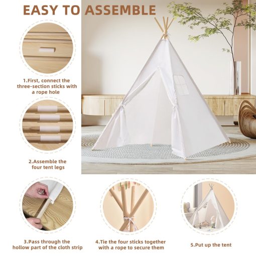 6 PCS Tienda de Campana para Ninos Teepee, Tienda Boho Lavable Plegable para Ninos, Casa de Juegos para Ninas y Ninos Fiesta de Pijamas Cumpleanos (Blanco) - Imagen 4