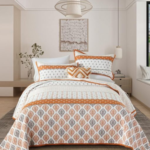 Juego de Edredon King Qiqiong, Floral 100% Algodon Juego de Ropa de Cama Edredon de Granja Tamano King Ligero Reversible Juego de Comforter para Cama King Colcha, 3 Piezas Naranja Blanco