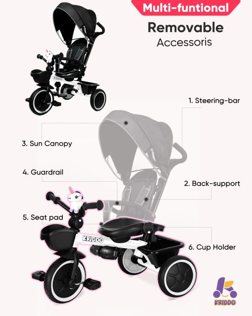 Triciclo cochecito KRIDDO 7-en-1 para niños de 18 meses a 5 años, Mango de empuje ajustable, Asiento giratorio, Portavasos y Capota retractil, Triciclo plegable para bebes con barandilla desmontable, Reposapies, Blanco - Imagen 4