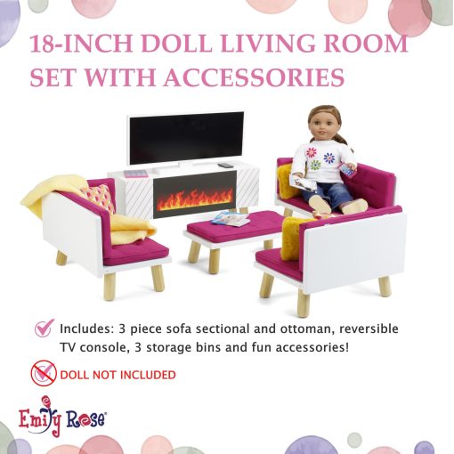 Emily Rose Nuevo Sofa Cama Seccional/Sala de Estar de Madera Rosa de 18" para Munecas con Unidad de Entretenimiento con TV, Chimenea Falsa, Bins de Almacenamiento y Revistas | Set de Muebles para Munecas de 14"-19" - Imagen 3