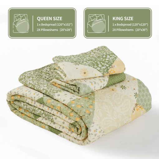 Colcha de cama extragrande KALOOLA 120x120, 100% algodon, colchas king size con estampado floral, ligera colcha reversible con fundas de almohada, 3 piezas, verde - Imagen 6