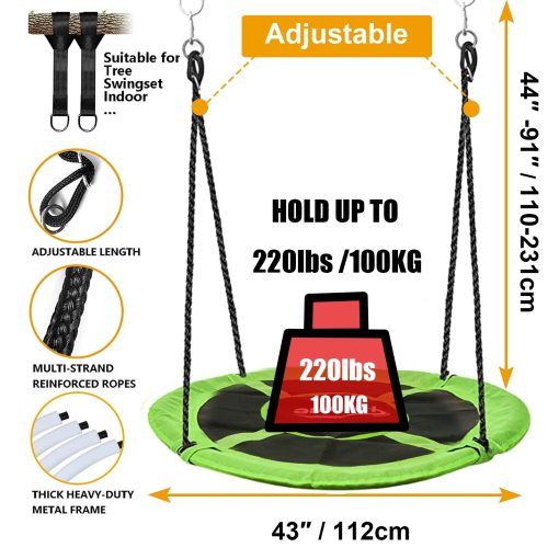 Hishine 43" Columpio con Forma de Platillo para Ninos, Gira 360?, Columpio Volador Impermeable con Giro, Correas de Colgar, Cuerdas Ajustables, Columpio Giratorio Redondo para arbol/Parque Infantil (Verde) - Imagen 2