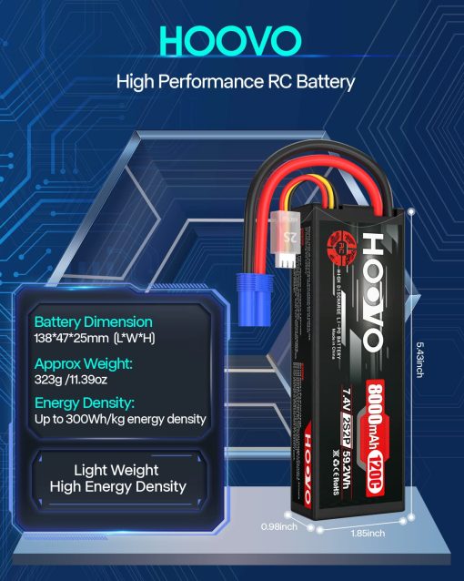 Bateria de Lipo 2S HOOVO 7.4V 8000mAh 120C Bateria de Coche RC Estuche Duro Conector EC5 Compatible para Vehiculos RC a Escala 1/8 1/10, Coches, Camiones, Buggies, Drones, Barcos, Modelos RC 2 Pack - Imagen 3