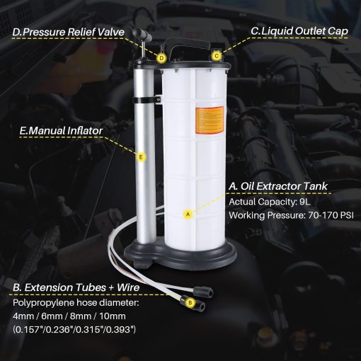 Extractor de fluidos manual DASBET 9L - Cambiador de aceite de motor operado a mano con bomba de vacio - Remover tanque de bomba manual - Imagen 2