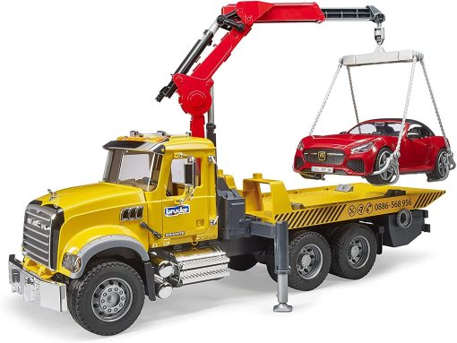 Camion de Remolque Mack Granite con Coche Roadster Bruder (02829) - Para Edades de 4 años en adelante - Compatible con figuras bworld