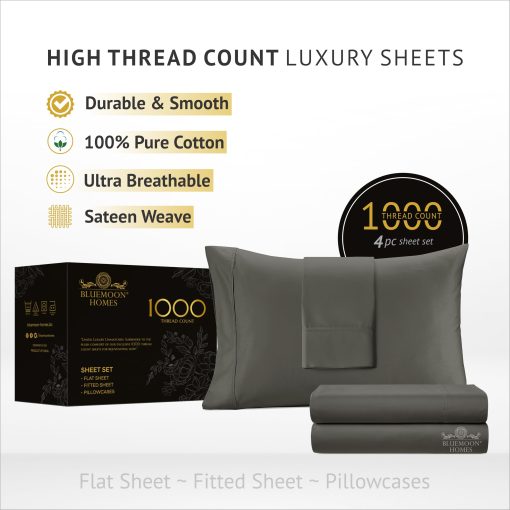 Juego de sabanas Full de 100% algodon Egipcio con 1000 hilos - Juego de sabanas para cama Full de 4 piezas con bolsillo profundo de 18", suave saten y juego de ropa de cama refrescante - Gris Oscuro - Imagen 2