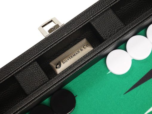Tablero de backgammon premium de 13 pulgadas - Tamaño de viaje - Tablero negro, superficie de juego verde, puntos negros y blancos - Imagen 6