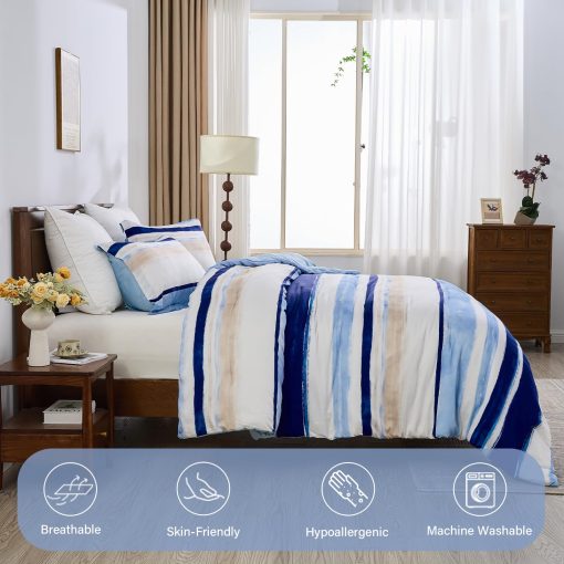 Juego de ropa de cama de lujo Finlonte King - Edredon Queen de Lyocell algodon, edredon acolchado a rayas acuarela, edredon azul moderno para todas las estaciones, 3 piezas, 104"x90" - Imagen 4