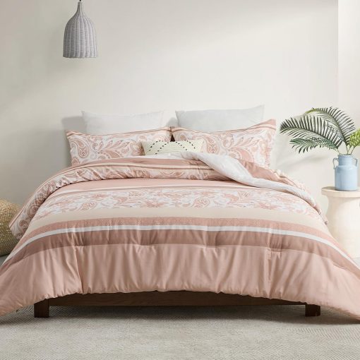 Juego de edredon queen FineStichery en rosa, 100% algodon de fibra larga con rayas de estilo campestre, juego de ropa de cama ligera de flores paisley chic, suave alternativa de plumon para todas las estaciones, 3 piezas - Imagen 2