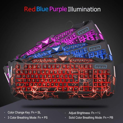 Combo de Teclado y Mouse para Juegos con Retroiluminacion BlueFinger, Teclado y Mouse Retroiluminados con Cable USB, Teclado Multimedia con 3 Colores de LED, Mouse para Juegos y Trabajo - Imagen 3